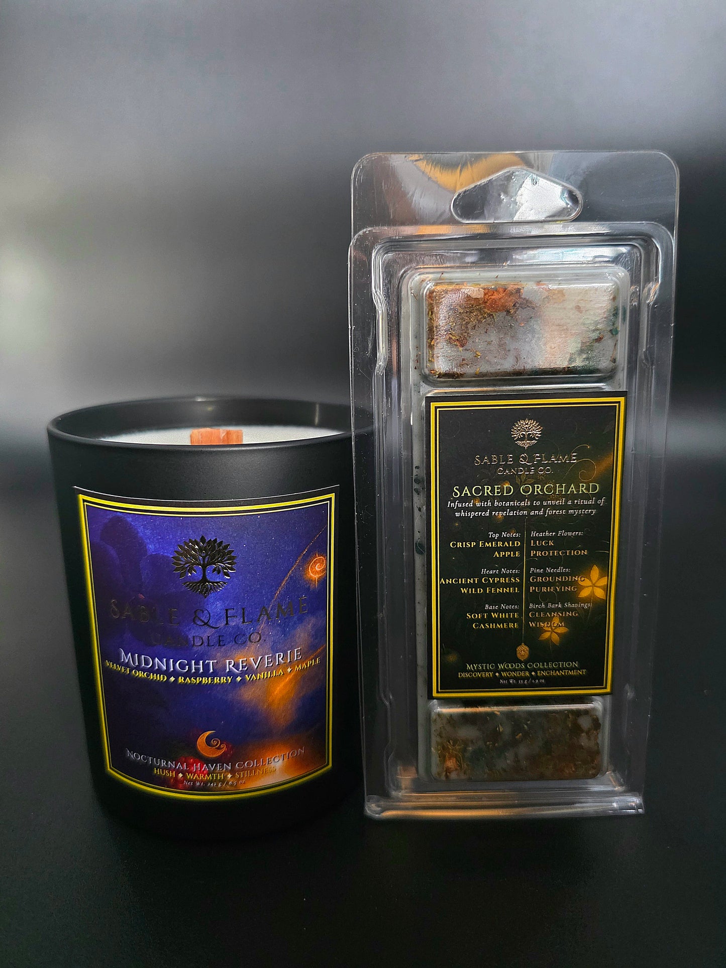 The Nightfall Ritual | Midnight Reverie 30cl Matte Black Glass Candle + Sacred Orchard Wax Melt Clamshell