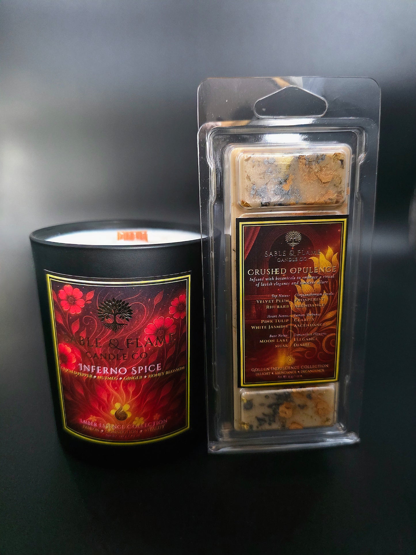 The Ember Embrace Duo | Inferno Spice 30cl Matte Black Glass Candle + Crushed Opulence Wax Melt Clamshell