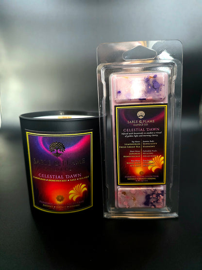 The Dawn & Bloom Set | Celestial Dawn 30cl Matte Black Glass Candle + Celestial Dawn Wax Melt Clamshell