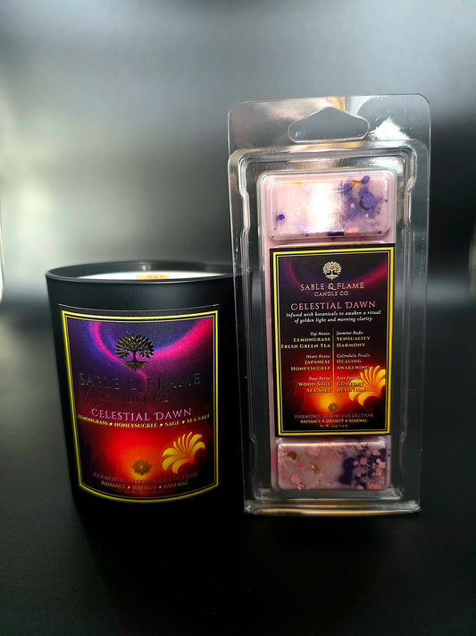 The Dawn & Bloom Set | Celestial Dawn 30cl Matte Black Glass Candle + Celestial Dawn Wax Melt Clamshell