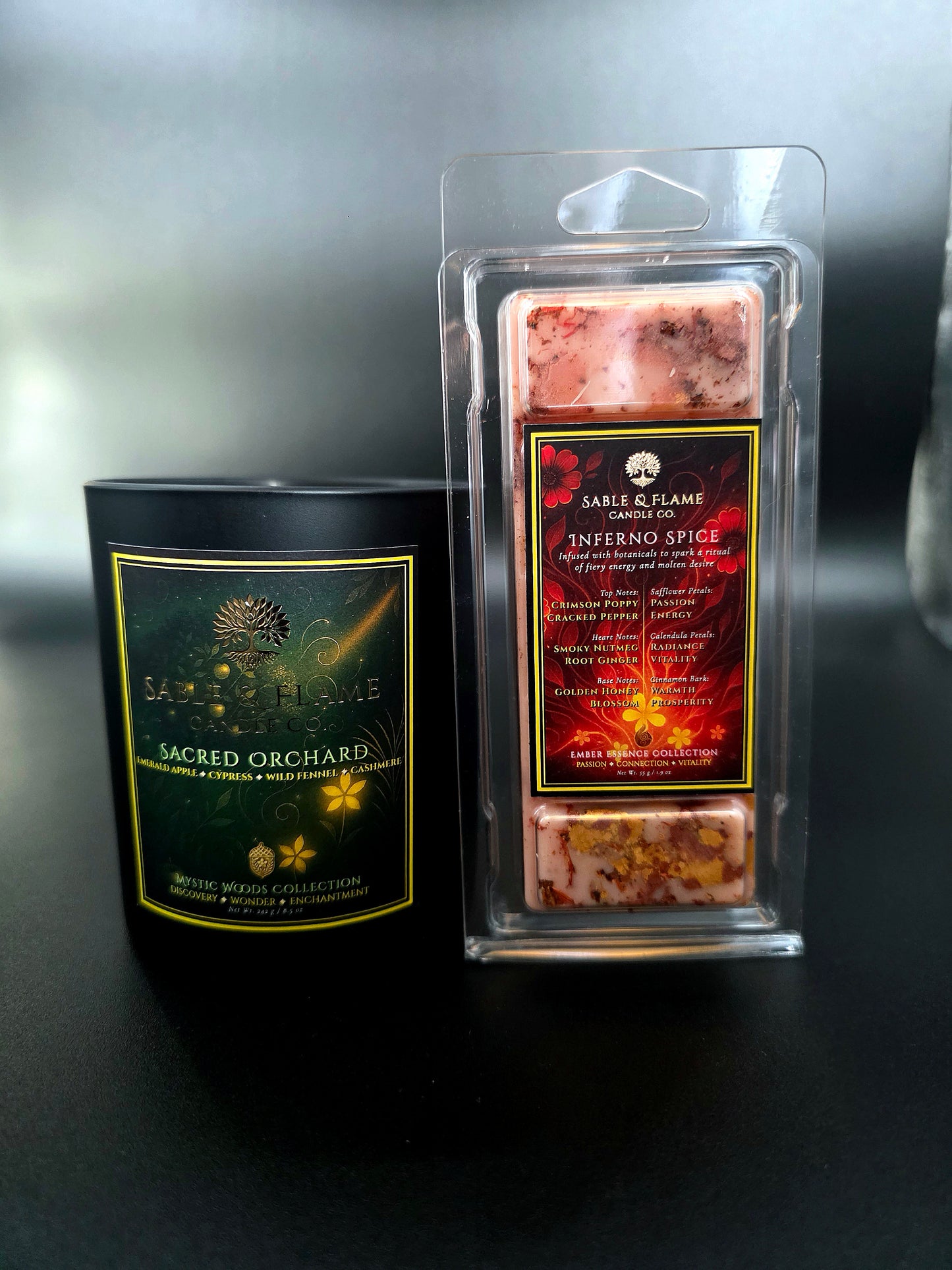 The Forest & Fire Discovery | Sacred Orchard 30cl Matte Black Glass Candle + Inferno Spice Wax Melt Clamshell