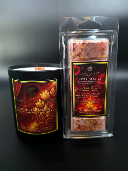 The Golden Heart Pairing | Crushed Opulence 30cl Matte Black Glass Candle + Inferno Spice Wax Melt Clamshell