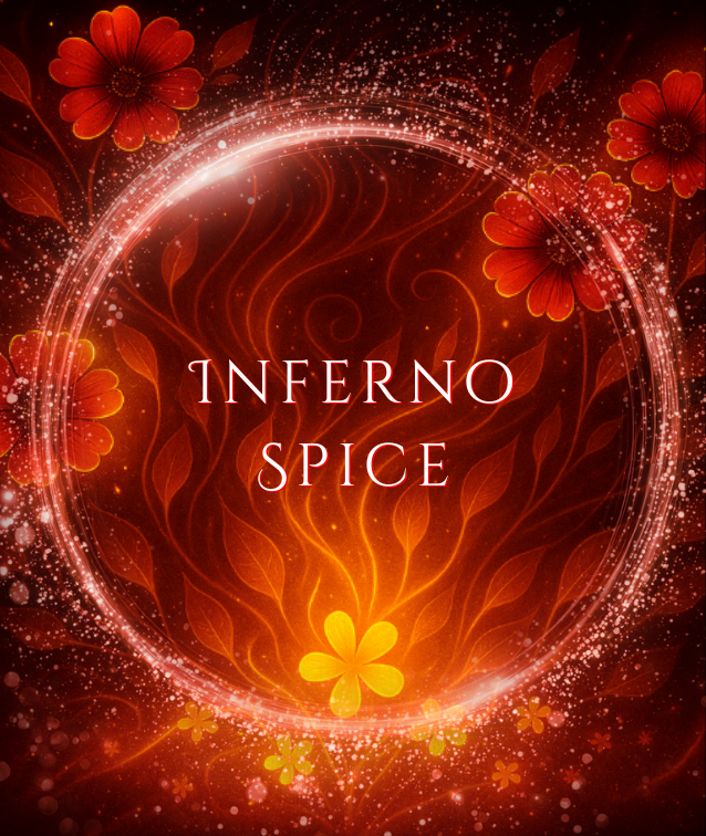 Decorative design with 'Inferno Spice' text surrounded by flames and flowers on a dark background.