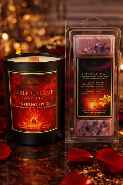 Lingering Glow Ritual | Inferno Spice 30cl Matte Black Glass Candle + Celestial Dawn Wax Melt Clamshell